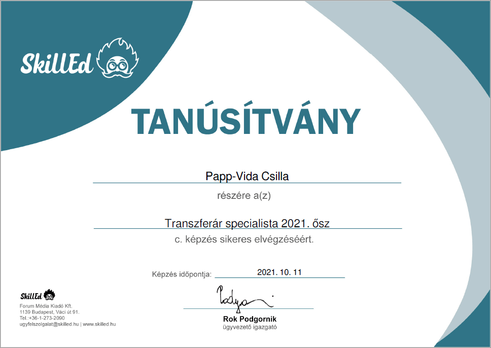 transzferár specialista tanúsítvány Csilla